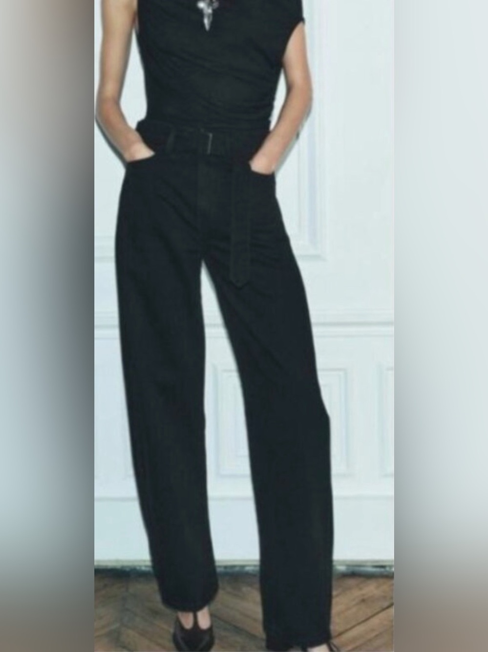 Zara Black High-Waist Belted Wide-Leg Pants